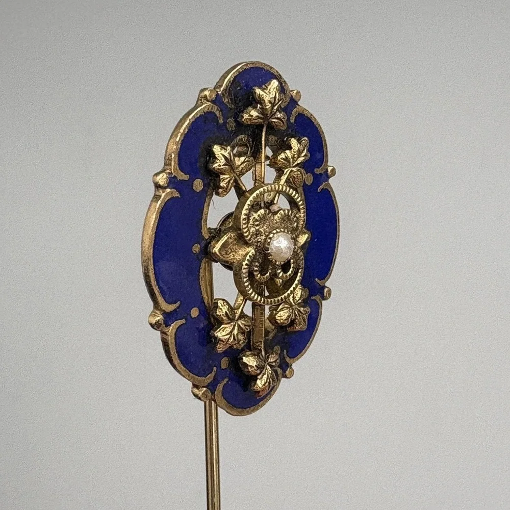 Antique Estate Stick Pin Blue Enamel Faux Pearl Regal Gold Vines and Pinstop